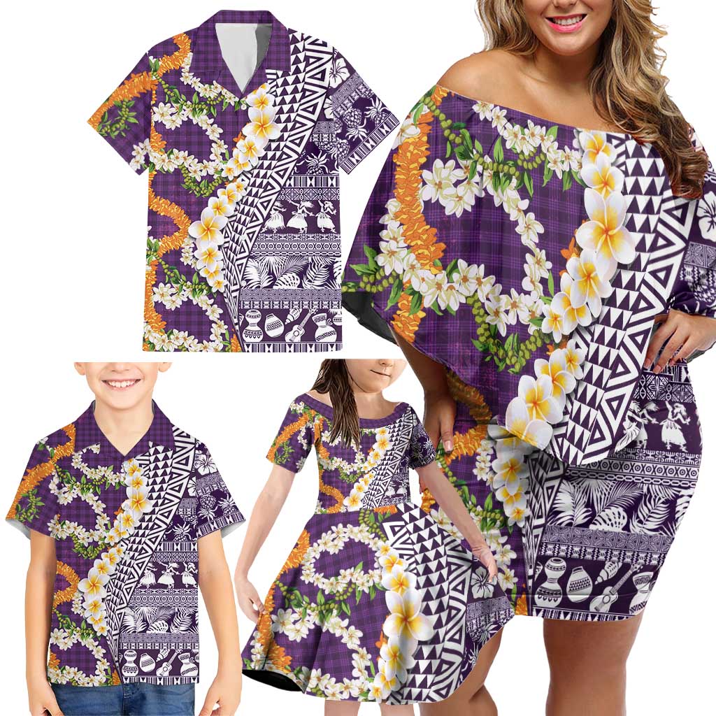 Hawaiian Plumeria Lei Family Matching Off Shoulder Short Dress and Hawaiian Shirt Kakau Motifs and Palaka Half Style Purple Color - Polynesian Pride