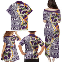 Hawaiian Plumeria Lei Family Matching Puletasi and Hawaiian Shirt Kakau Motifs and Palaka Half Style Purple Color LT03 - Polynesian Pride