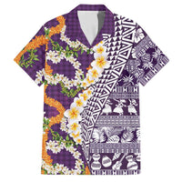 Hawaiian Plumeria Lei Family Matching Puletasi and Hawaiian Shirt Kakau Motifs and Palaka Half Style Purple Color LT03 Dad's Shirt - Short Sleeve Purple - Polynesian Pride