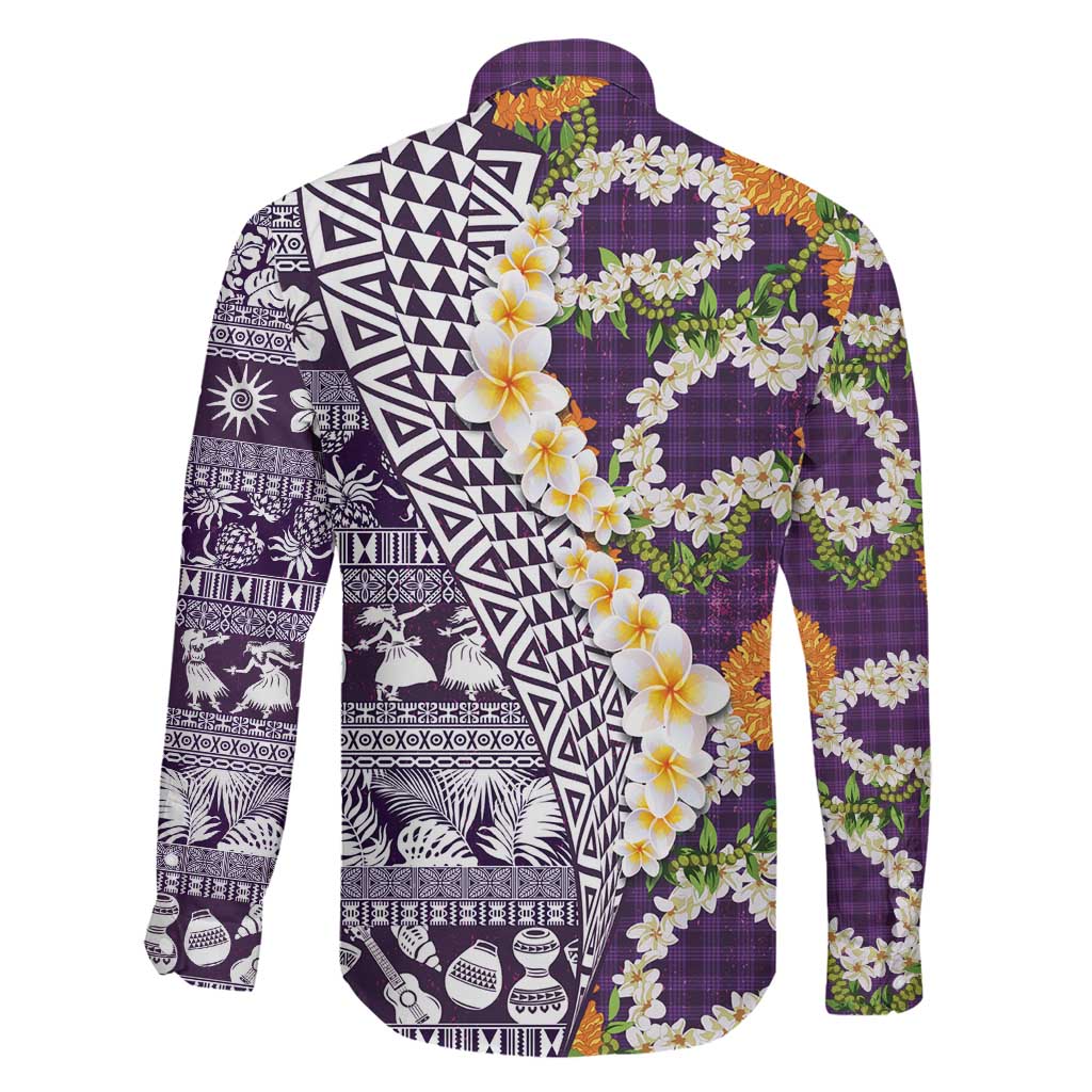 Hawaiian Plumeria Lei Family Matching Puletasi and Hawaiian Shirt Kakau Motifs and Palaka Half Style Purple Color LT03 - Polynesian Pride