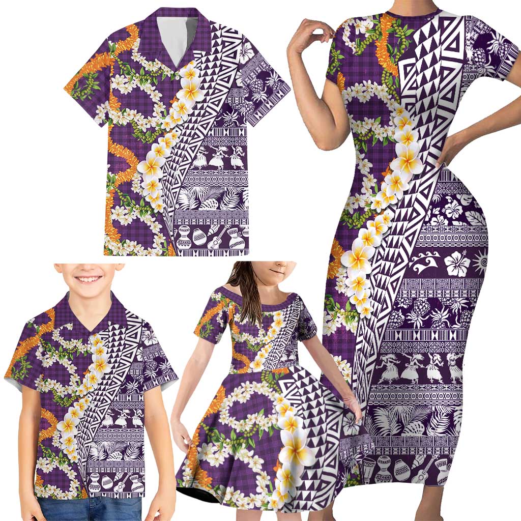 Hawaiian Plumeria Lei Family Matching Short Sleeve Bodycon Dress and Hawaiian Shirt Kakau Motifs and Palaka Half Style Purple Color - Polynesian Pride