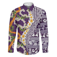 Hawaiian Plumeria Lei Family Matching Short Sleeve Bodycon Dress and Hawaiian Shirt Kakau Motifs and Palaka Half Style Purple Color LT03 Dad's Shirt - Long Sleeve Purple - Polynesian Pride