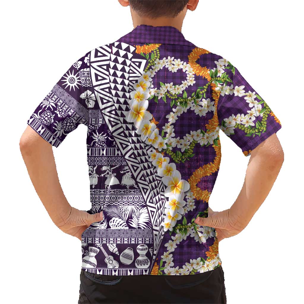 Hawaiian Plumeria Lei Family Matching Summer Maxi Dress and Hawaiian Shirt Kakau Motifs and Palaka Half Style Purple Color LT03 - Polynesian Pride