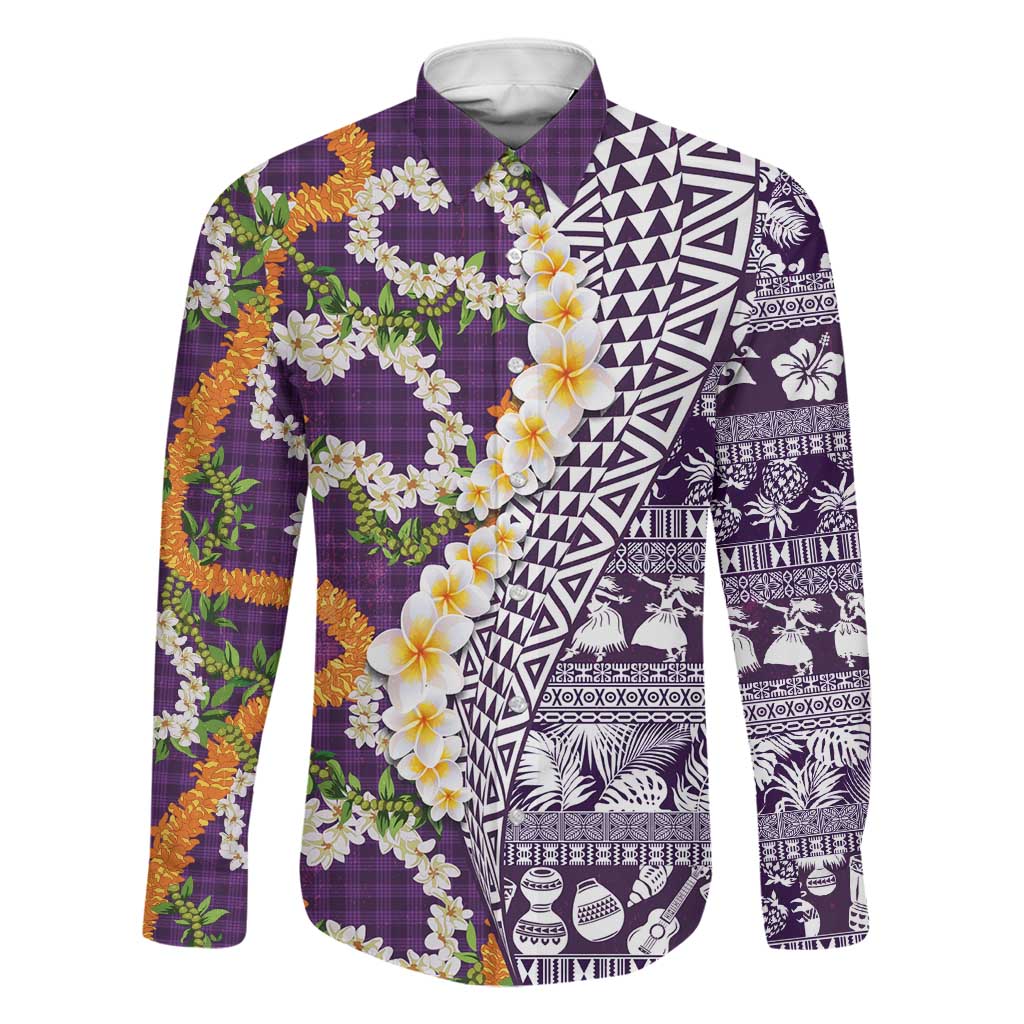 Hawaiian Plumeria Lei Family Matching Summer Maxi Dress and Hawaiian Shirt Kakau Motifs and Palaka Half Style Purple Color LT03 Dad's Shirt - Long Sleeve Purple - Polynesian Pride