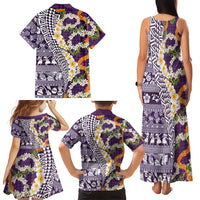 Hawaiian Plumeria Lei Family Matching Tank Maxi Dress and Hawaiian Shirt Kakau Motifs and Palaka Half Style Purple Color LT03 - Polynesian Pride