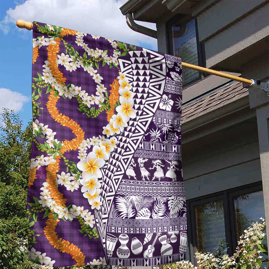 Hawaiian Plumeria Lei Garden Flag Kakau Motifs and Palaka Half Style Purple Color LT03 - Polynesian Pride