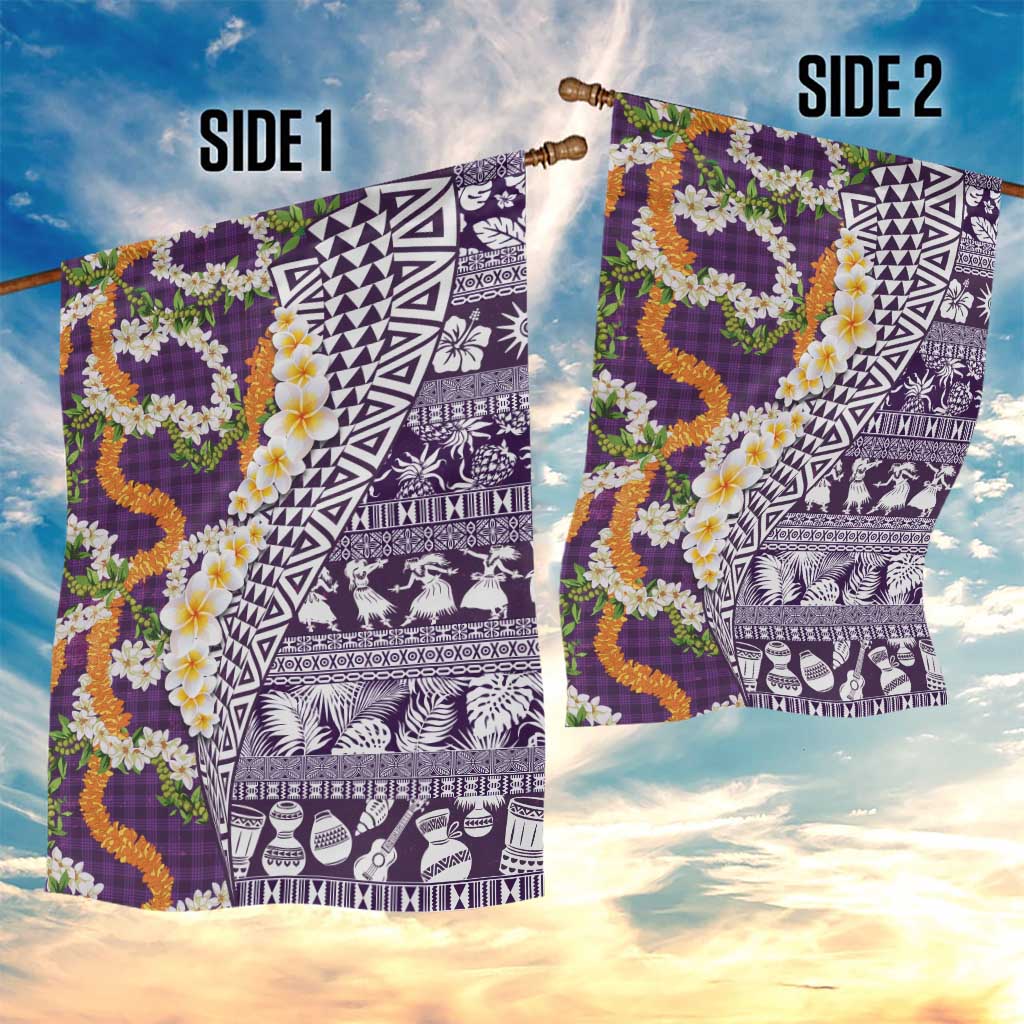 Hawaiian Plumeria Lei Garden Flag Kakau Motifs and Palaka Half Style Purple Color LT03 - Polynesian Pride