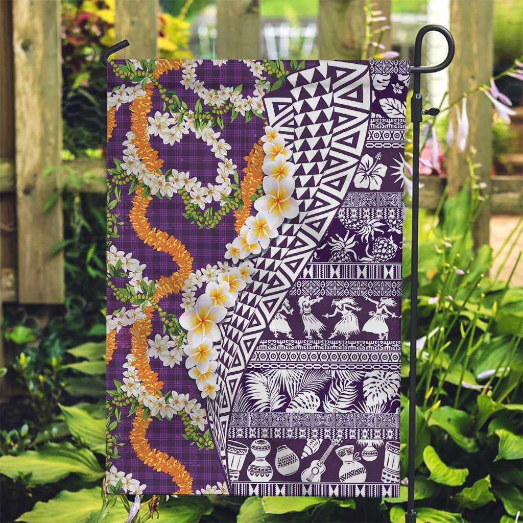 Hawaiian Plumeria Lei Garden Flag Kakau Motifs and Palaka Half Style Purple Color LT03 Garden Flag Purple - Polynesian Pride