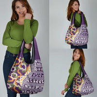 Hawaiian Plumeria Lei Grocery Bag Kakau Motifs and Palaka Half Style Purple Color - Polynesian Pride