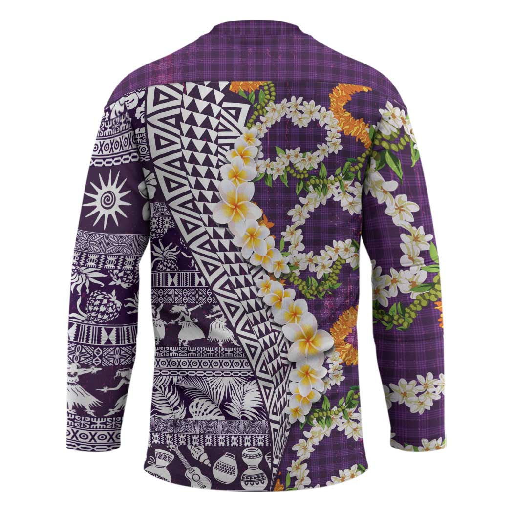 Hawaiian Plumeria Lei Hockey Jersey Kakau Motifs and Palaka Half Style Purple Color LT03 - Polynesian Pride