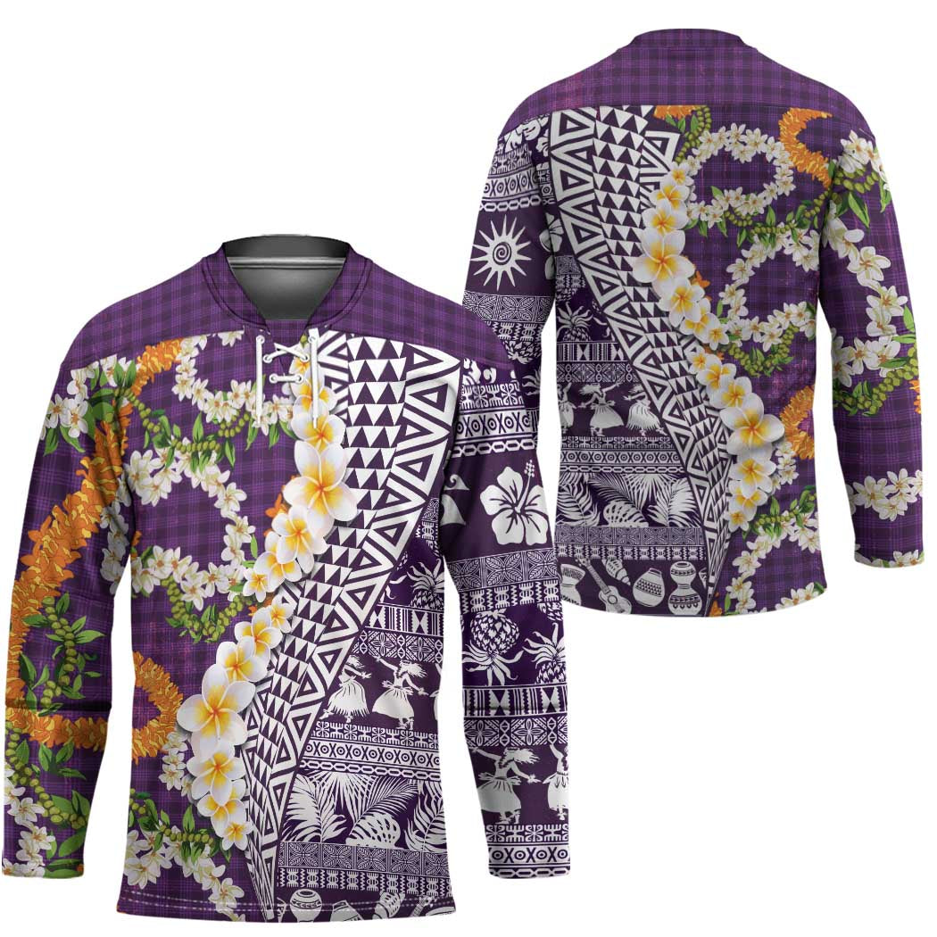 Hawaiian Plumeria Lei Hockey Jersey Kakau Motifs and Palaka Half Style Purple Color LT03 - Polynesian Pride