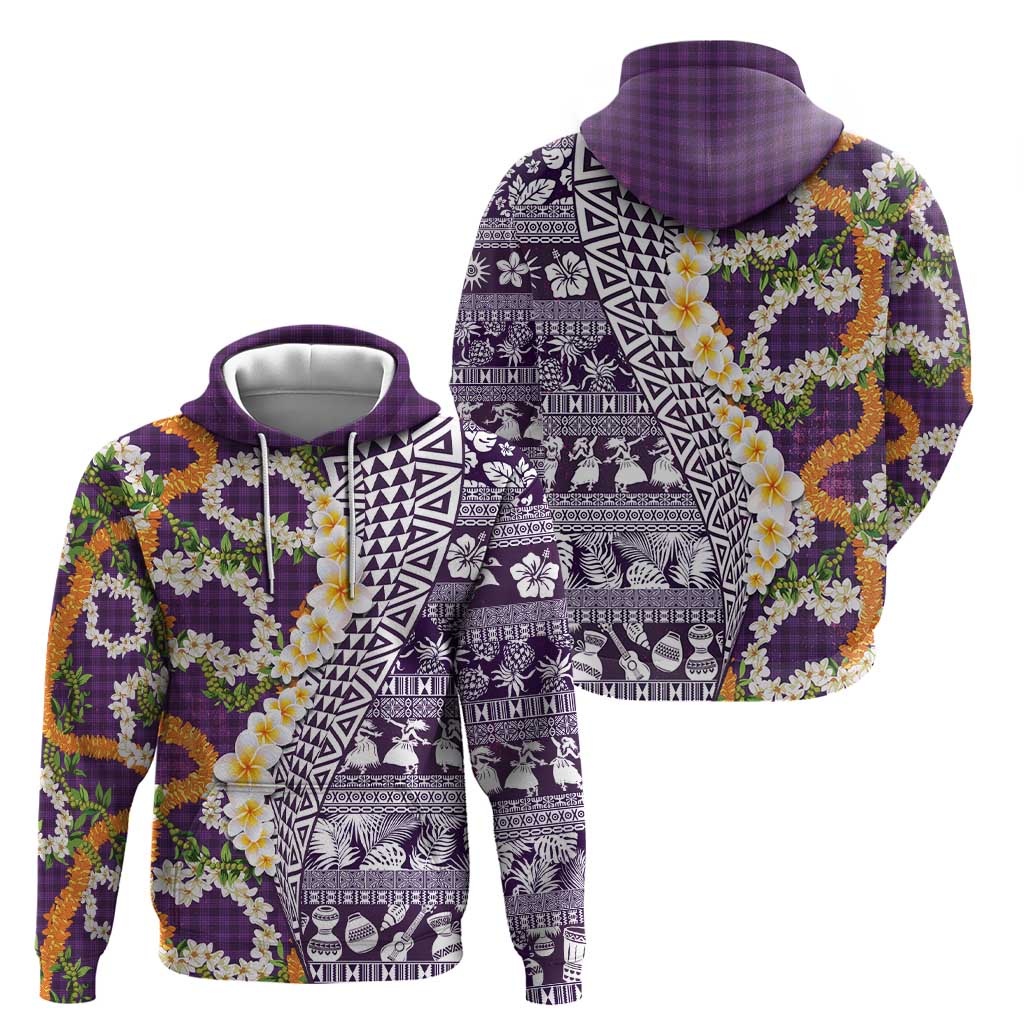 Hawaiian Plumeria Lei Hoodie Kakau Motifs and Palaka Half Style Purple Color LT03 - Polynesian Pride