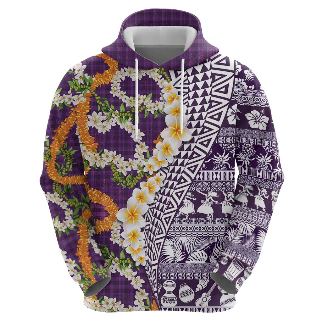 Hawaiian Plumeria Lei Hoodie Kakau Motifs and Palaka Half Style Purple Color LT03 - Polynesian Pride