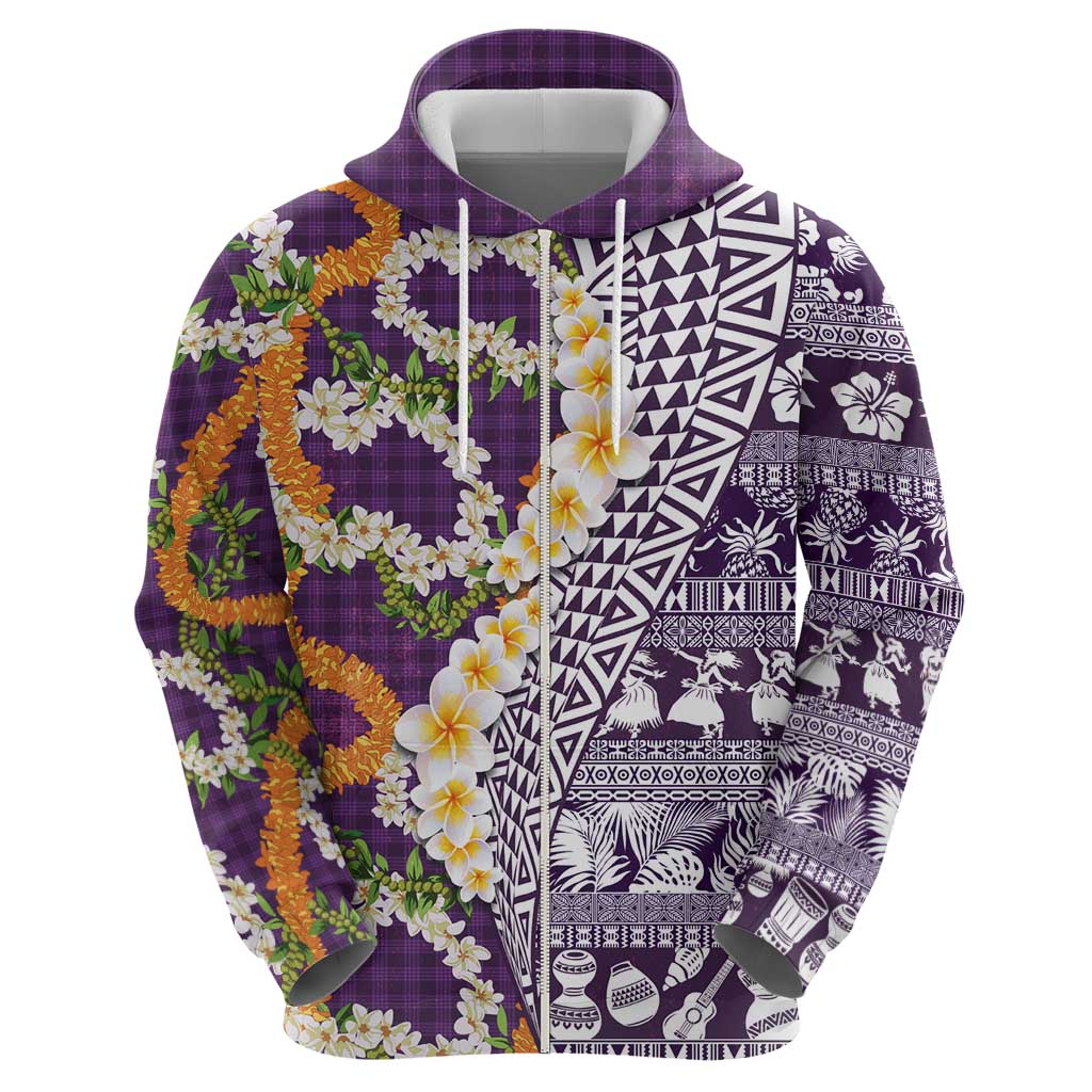 Hawaiian Plumeria Lei Hoodie Kakau Motifs and Palaka Half Style Purple Color LT03 - Polynesian Pride
