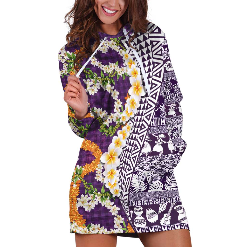 Hawaiian Plumeria Lei Hoodie Dress Kakau Motifs and Palaka Half Style Purple Color LT03 Purple - Polynesian Pride