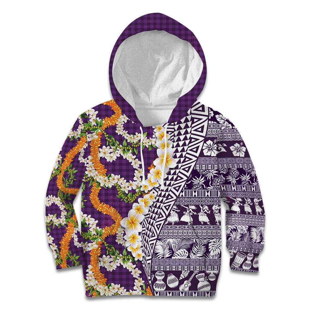 Hawaiian Plumeria Lei Kid Hoodie Kakau Motifs and Palaka Half Style Purple Color LT03 Hoodie Purple - Polynesian Pride