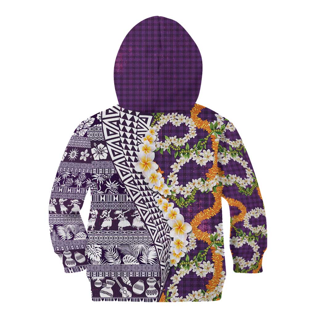 Hawaiian Plumeria Lei Kid Hoodie Kakau Motifs and Palaka Half Style Purple Color LT03 - Polynesian Pride