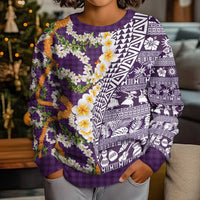 Hawaiian Plumeria Lei Kid Ugly Christmas Sweater Kakau Motifs and Palaka Half Style Purple Color LT03 - Polynesian Pride
