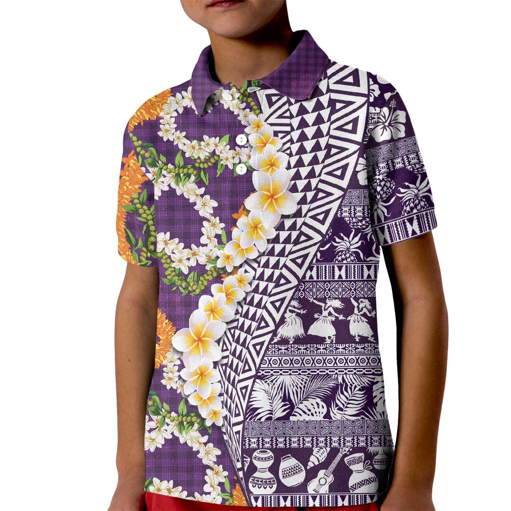 Hawaiian Plumeria Lei Kid Polo Shirt Kakau Motifs and Palaka Half Style Purple Color LT03 Kid Purple - Polynesian Pride