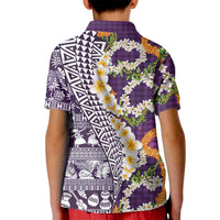 Hawaiian Plumeria Lei Kid Polo Shirt Kakau Motifs and Palaka Half Style Purple Color LT03 - Polynesian Pride