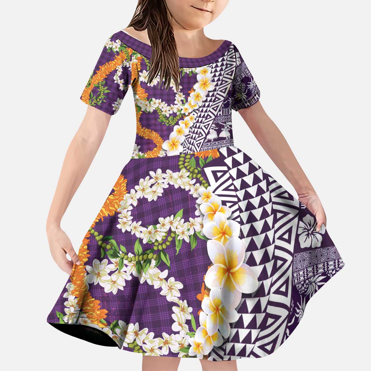Hawaiian Plumeria Lei Kid Short Sleeve Dress Kakau Motifs and Palaka Half Style Purple Color LT03 KID Purple - Polynesian Pride