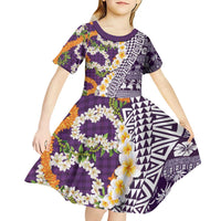 Hawaiian Plumeria Lei Kid Short Sleeve Dress Kakau Motifs and Palaka Half Style Purple Color LT03 - Polynesian Pride