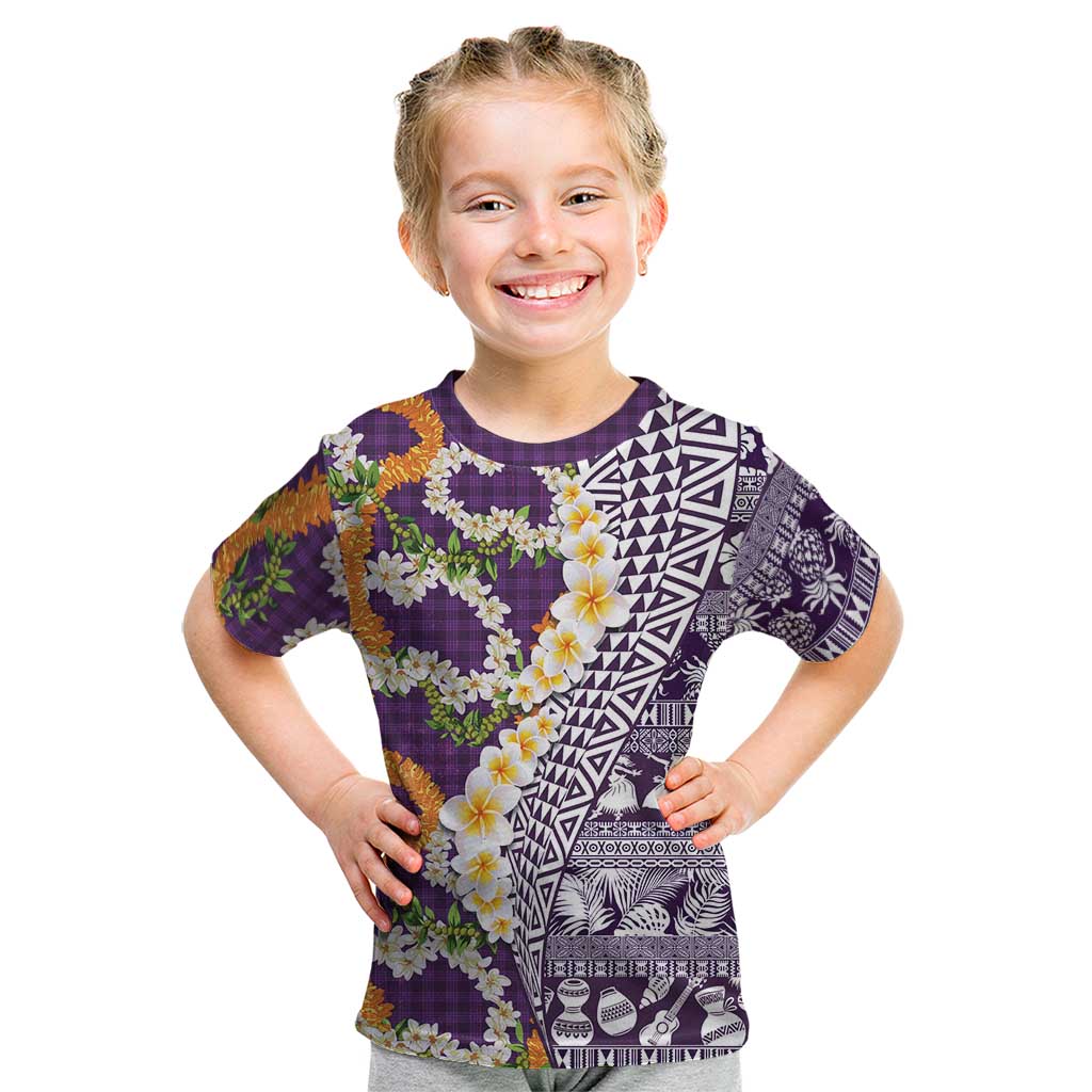 Hawaiian Plumeria Lei Kid T Shirt Kakau Motifs and Palaka Half Style Purple Color - Polynesian Pride