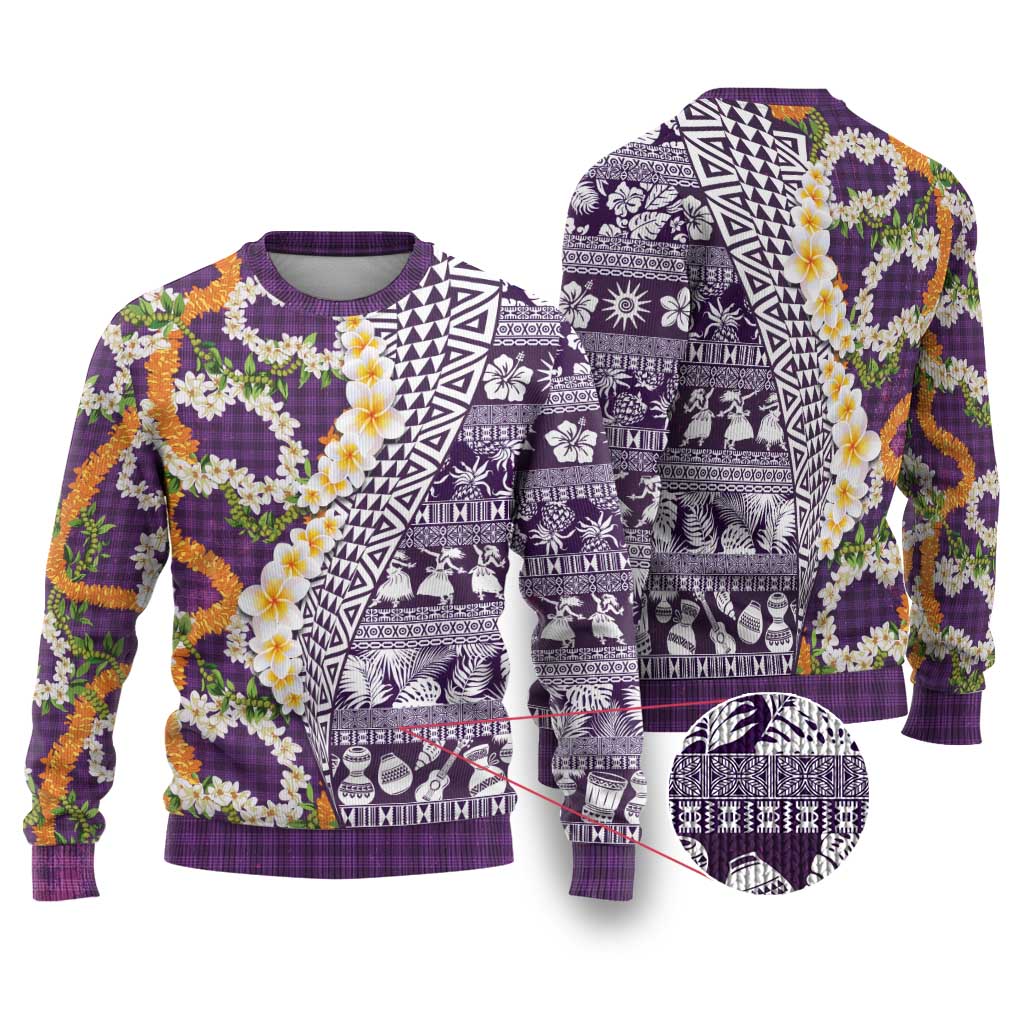 Hawaiian Plumeria Lei Ugly Christmas Sweater Kakau Motifs and Palaka Half Style Purple Color LT03 Purple - Polynesian Pride
