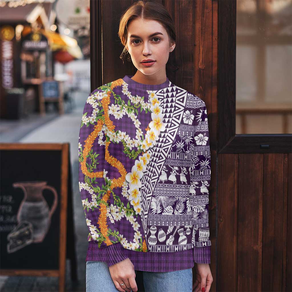 Hawaiian Plumeria Lei Ugly Christmas Sweater Kakau Motifs and Palaka Half Style Purple Color LT03 - Polynesian Pride