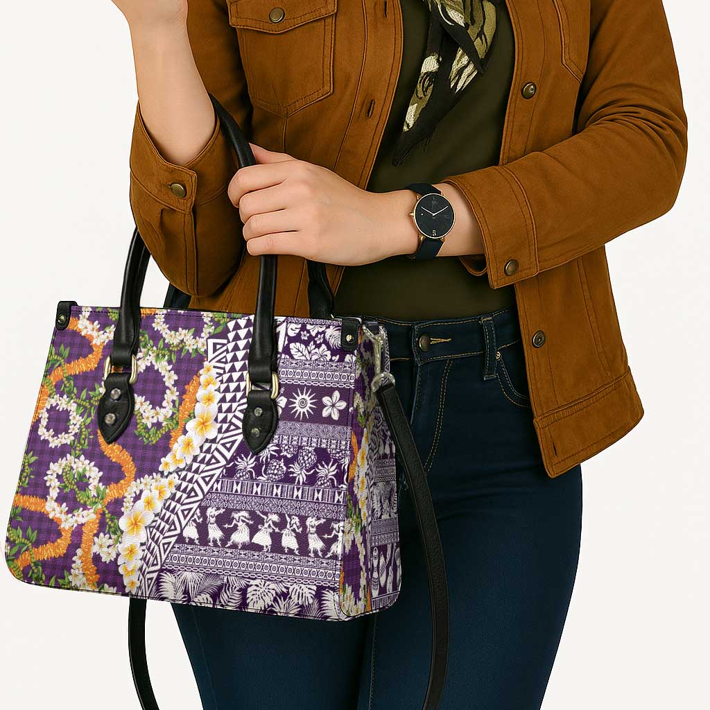 Hawaiian Plumeria Lei Leather Bag Kakau Motifs and Palaka Half Style Purple Color - Polynesian Pride