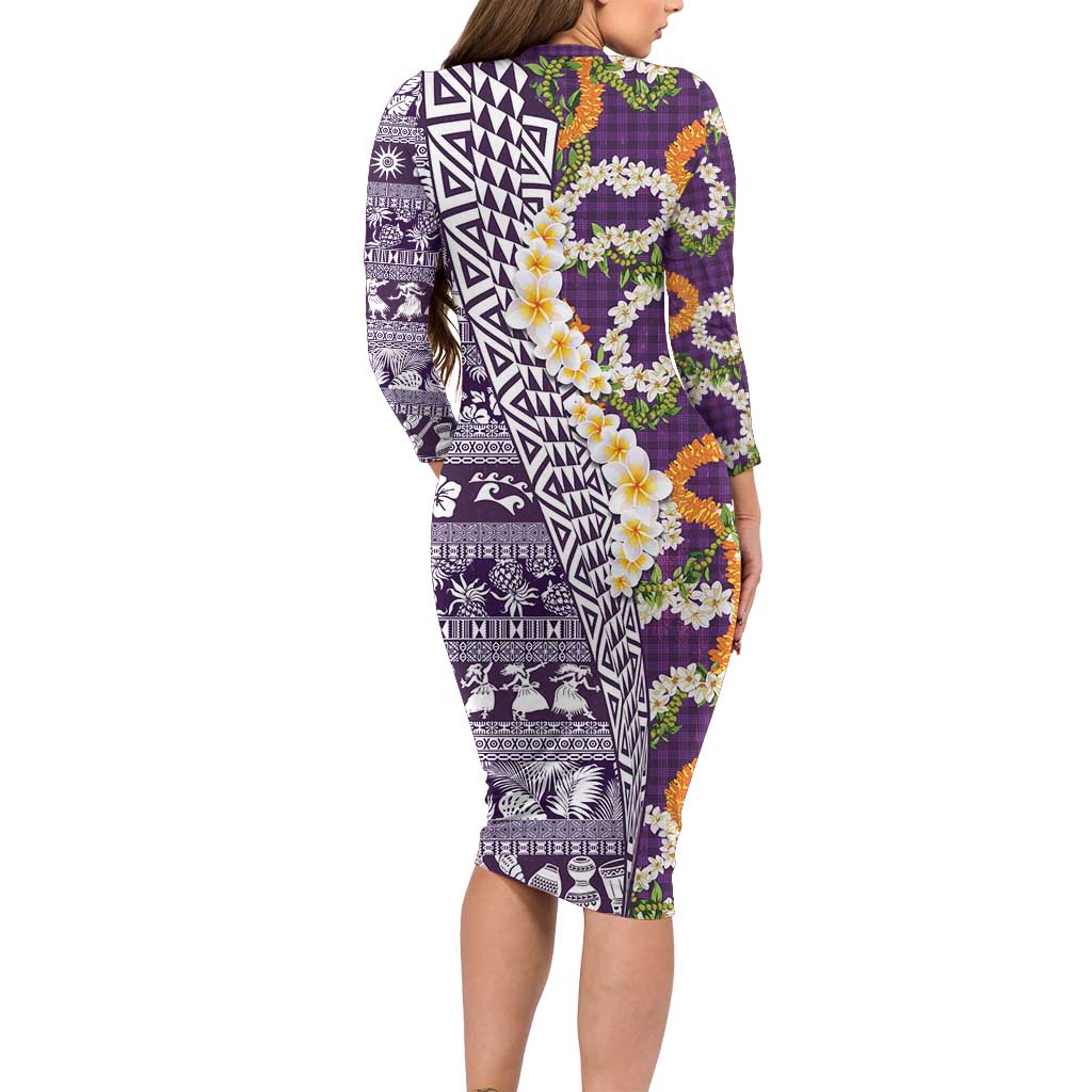 Hawaiian Plumeria Lei Long Sleeve Bodycon Dress Kakau Motifs and Palaka Half Style Purple Color LT03 - Polynesian Pride