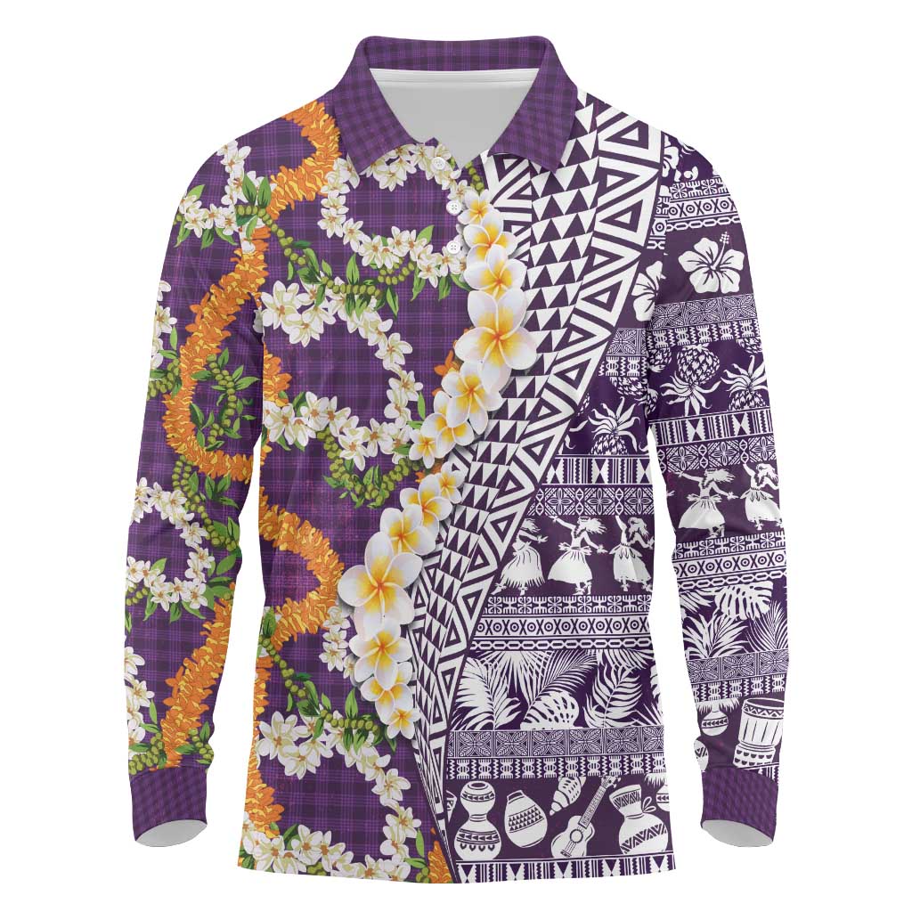 Hawaiian Plumeria Lei Long Sleeve Polo Shirt Kakau Motifs and Palaka Half Style Purple Color LT03 Purple - Polynesian Pride