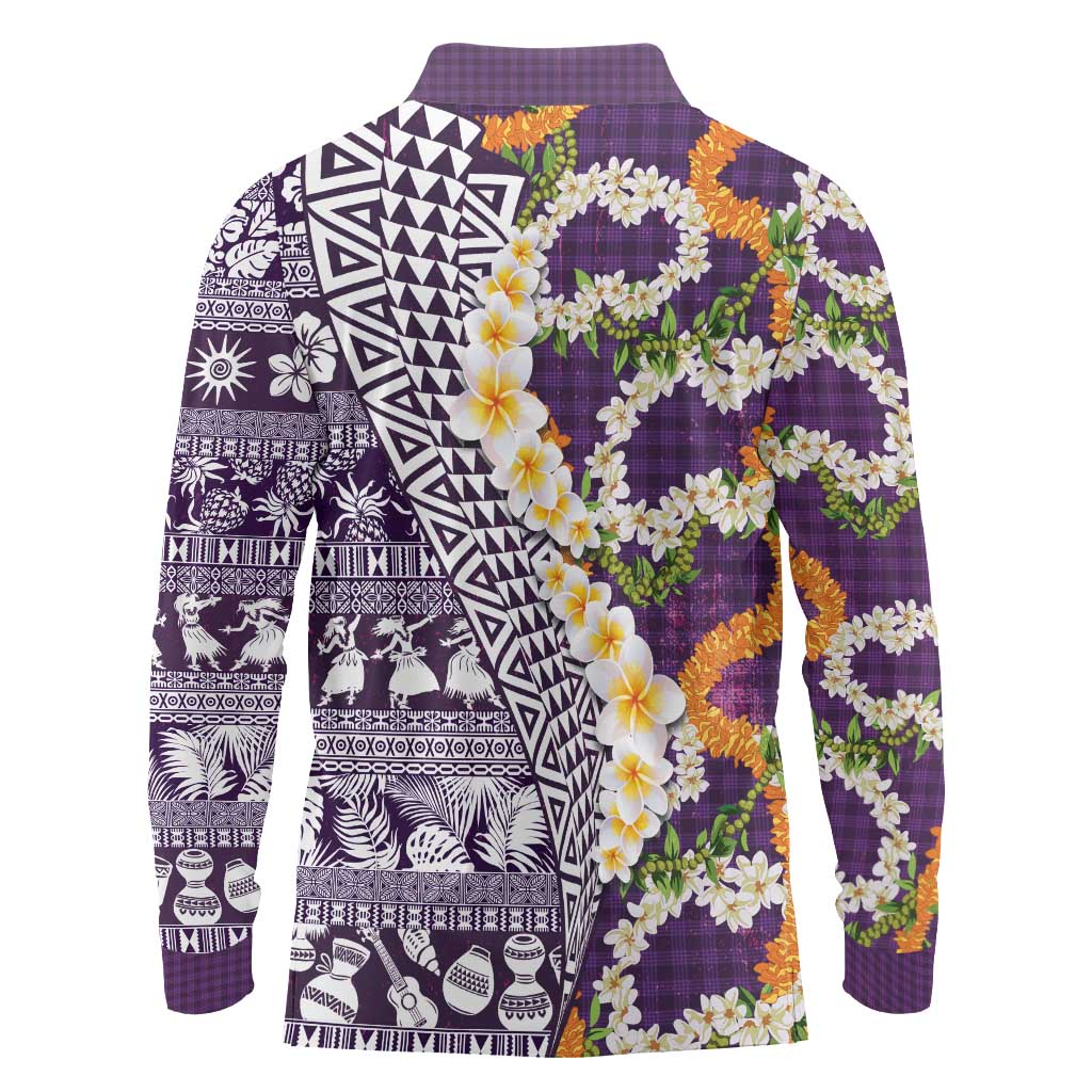 Hawaiian Plumeria Lei Long Sleeve Polo Shirt Kakau Motifs and Palaka Half Style Purple Color LT03 - Polynesian Pride
