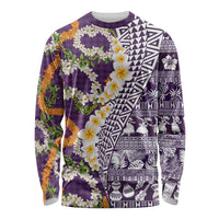 Hawaiian Plumeria Lei Long Sleeve Shirt Kakau Motifs and Palaka Half Style Purple Color LT03 Unisex Purple - Polynesian Pride