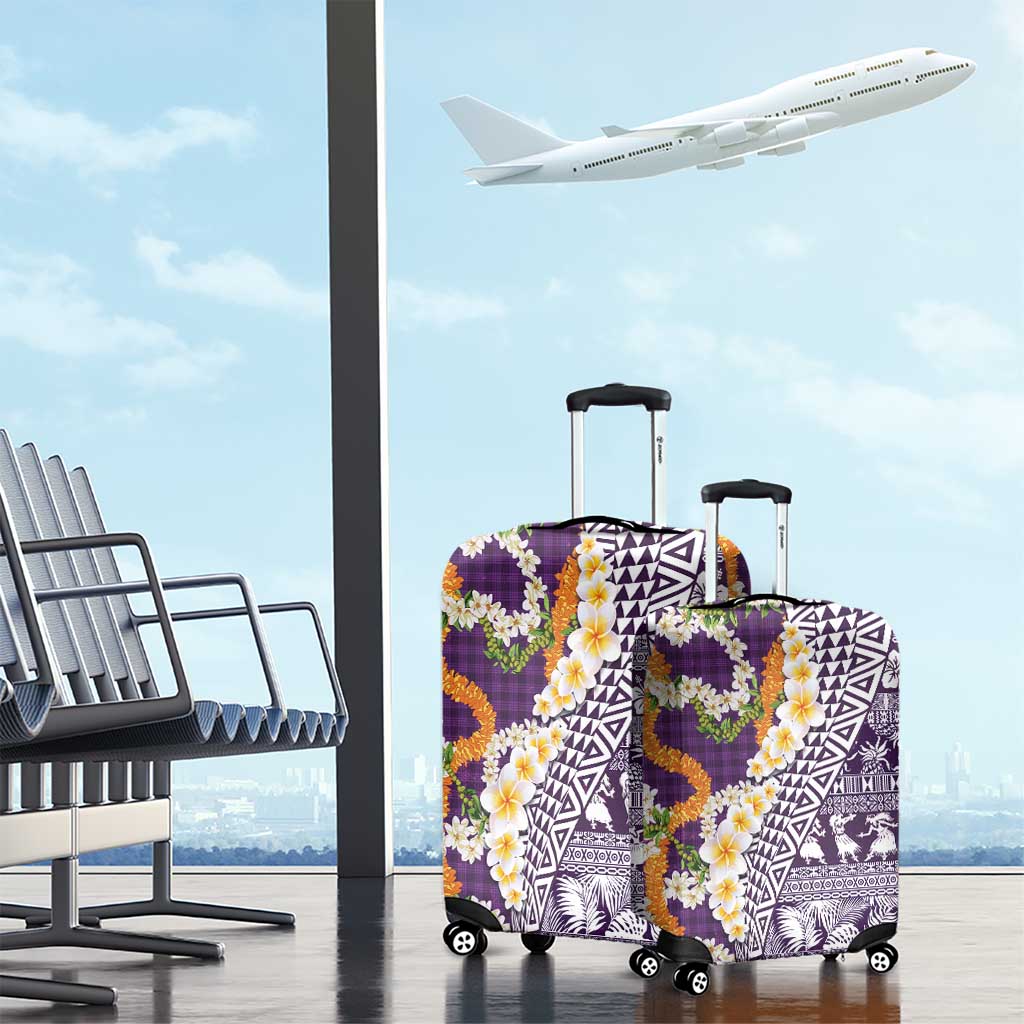 Hawaiian Plumeria Lei Luggage Cover Kakau Motifs and Palaka Half Style Purple Color LT03 - Polynesian Pride