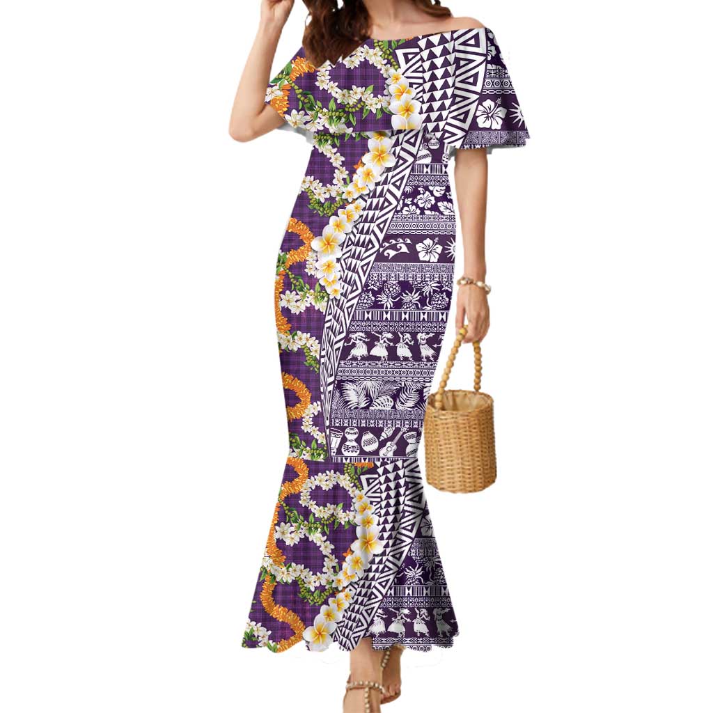 Hawaiian Plumeria Lei Mermaid Dress Kakau Motifs and Palaka Half Style Purple Color - Polynesian Pride