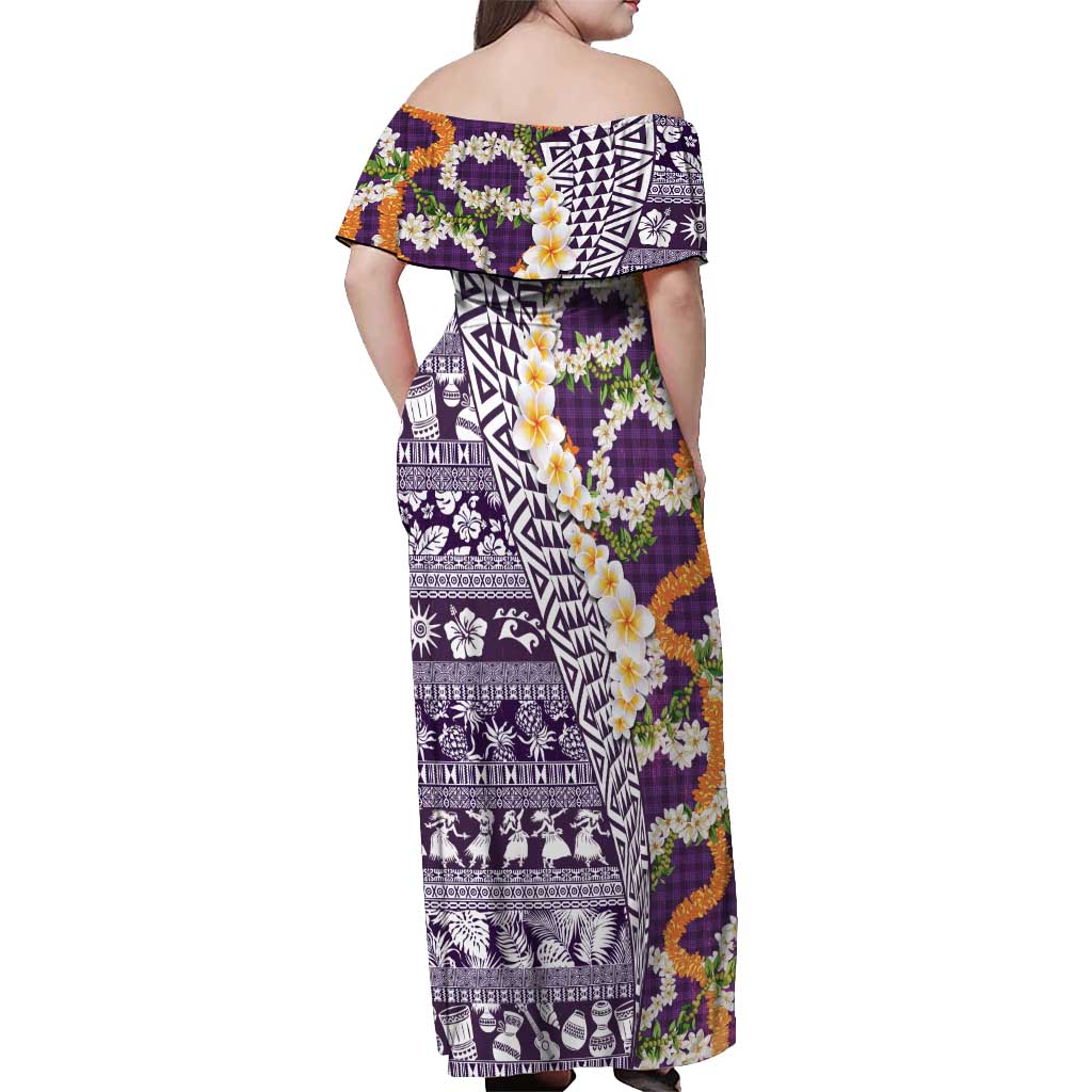 Hawaiian Plumeria Lei Off Shoulder Maxi Dress Kakau Motifs and Palaka Half Style Purple Color LT03 - Polynesian Pride