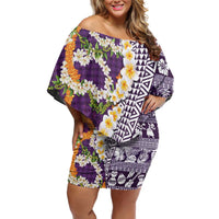 Hawaiian Plumeria Lei Off Shoulder Short Dress Kakau Motifs and Palaka Half Style Purple Color LT03 Women Purple - Polynesian Pride