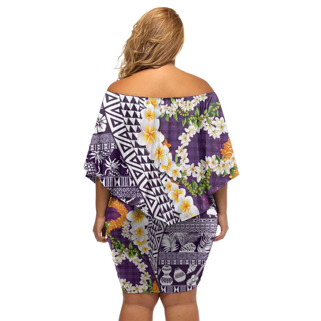 Hawaiian Plumeria Lei Off Shoulder Short Dress Kakau Motifs and Palaka Half Style Purple Color LT03 - Polynesian Pride