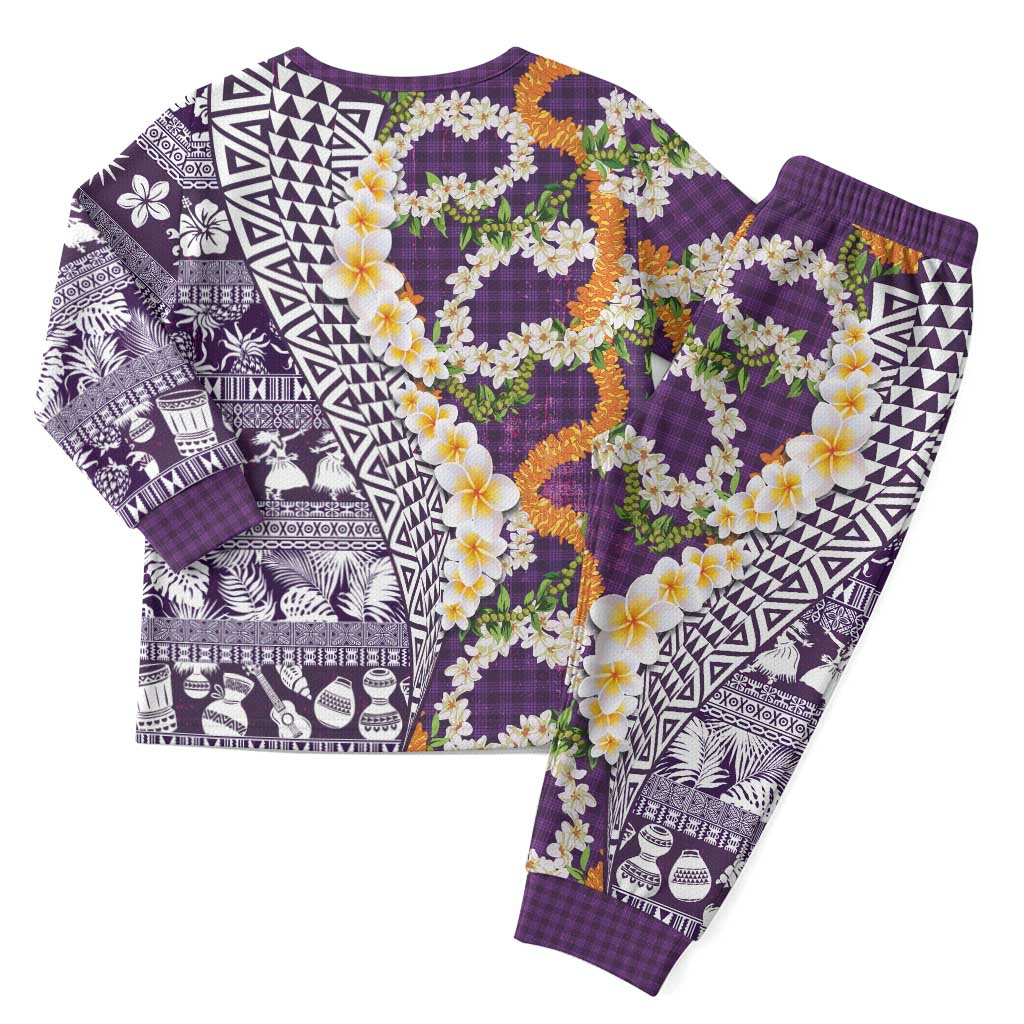 Hawaiian Plumeria Lei Christmas Pajama Set Kakau Motifs and Palaka Half Style Purple Color LT03 - Polynesian Pride