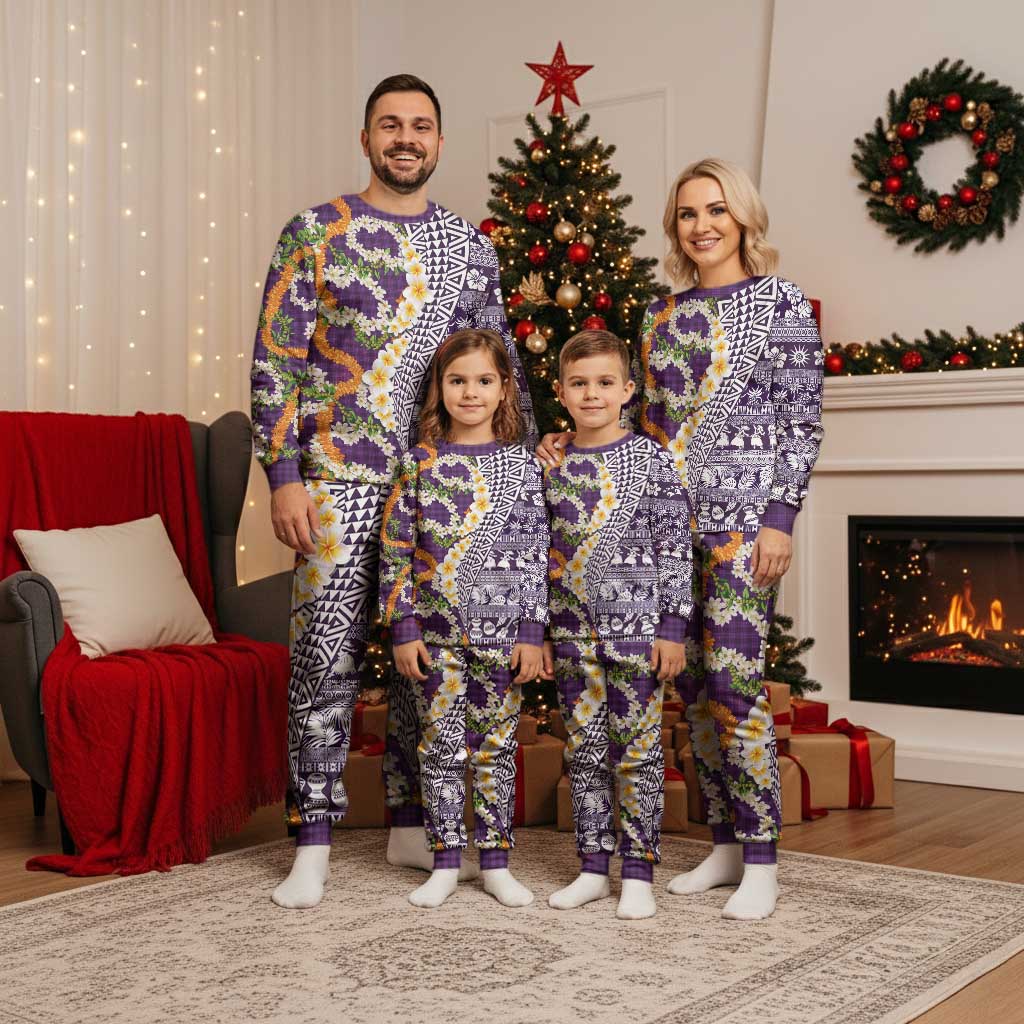 Hawaiian Plumeria Lei Christmas Pajama Set Kakau Motifs and Palaka Half Style Purple Color LT03 - Polynesian Pride