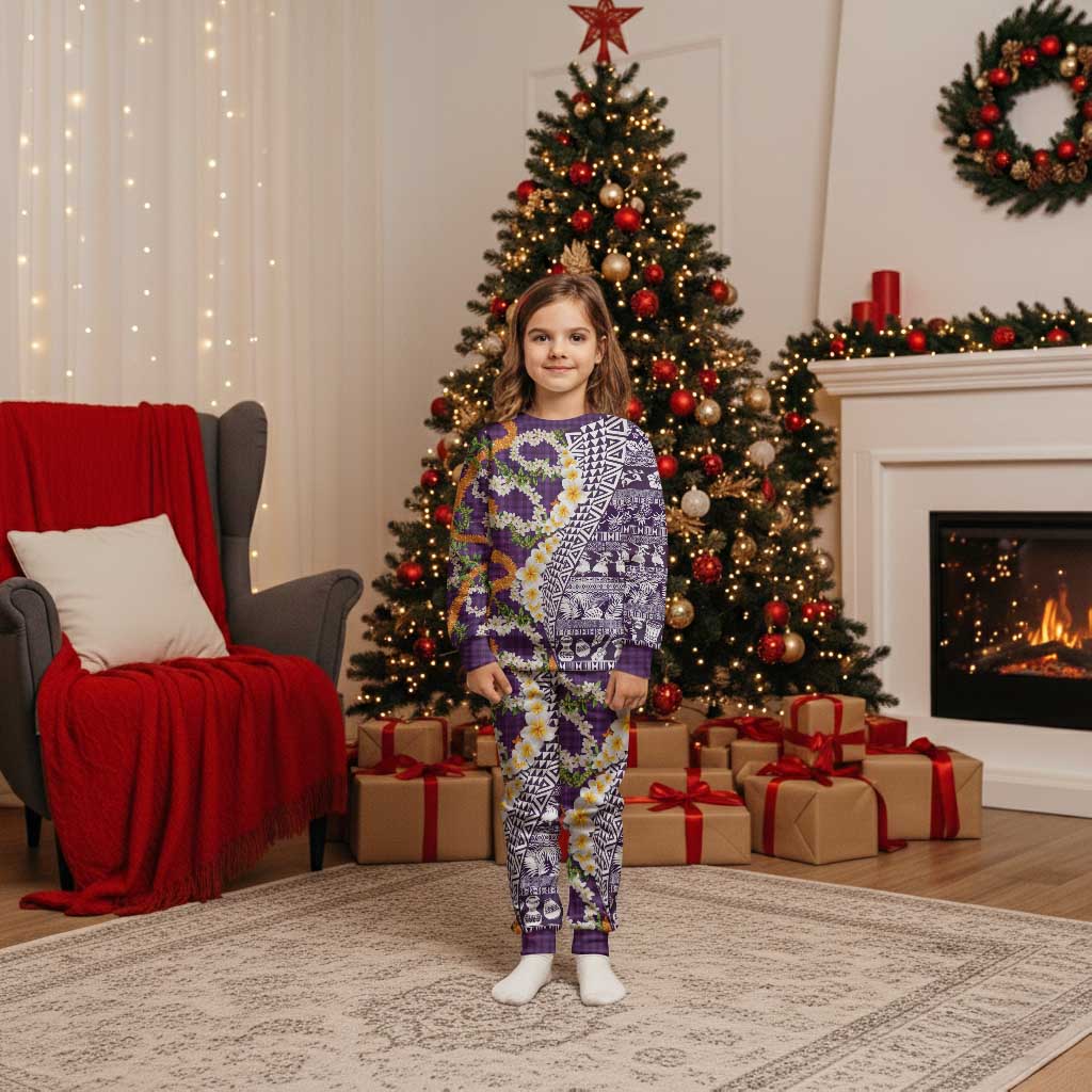 Hawaiian Plumeria Lei Christmas Pajama Set Kakau Motifs and Palaka Half Style Purple Color LT03 Kid Purple - Polynesian Pride