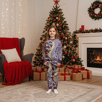 Hawaiian Plumeria Lei Christmas Pajama Set Kakau Motifs and Palaka Half Style Purple Color LT03 Kid Purple - Polynesian Pride