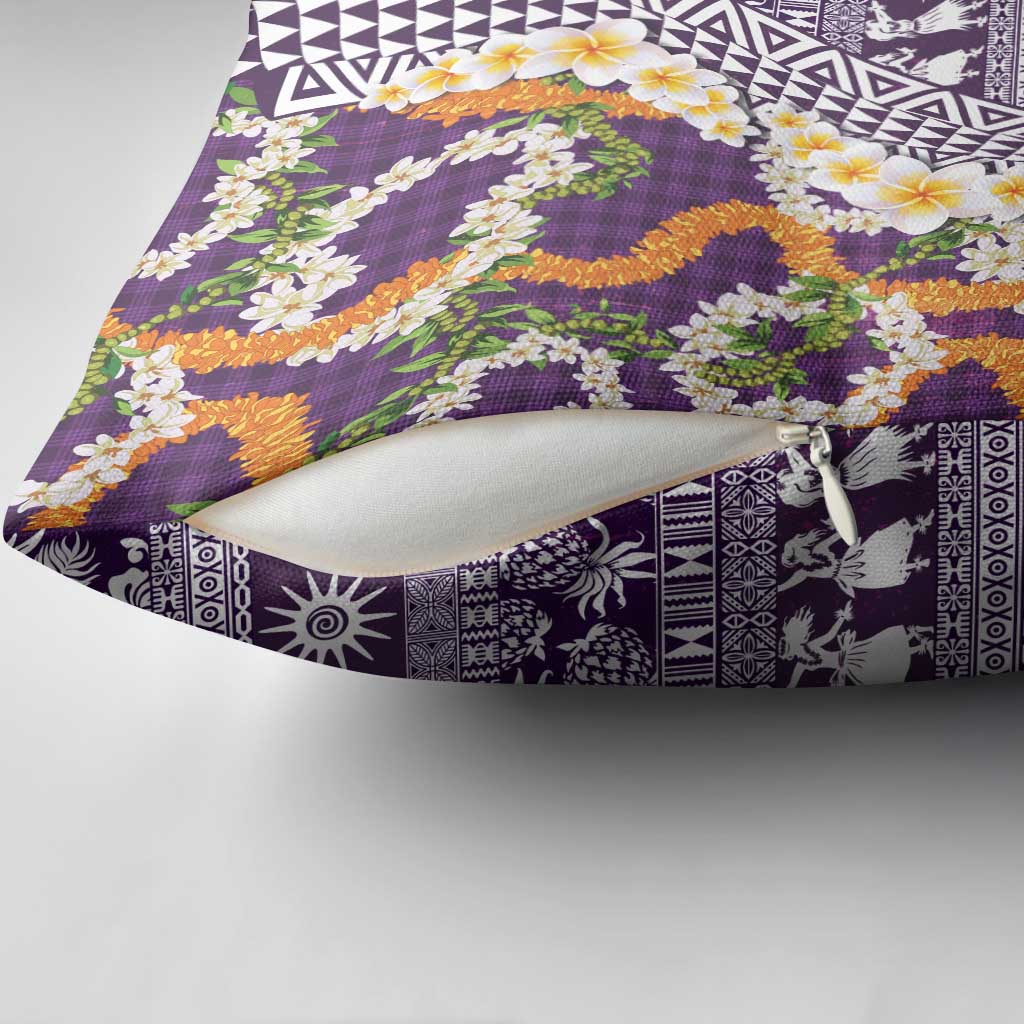 Hawaiian Plumeria Lei Pillow Cover Kakau Motifs and Palaka Half Style Purple Color - Polynesian Pride