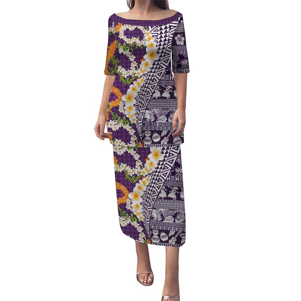 Hawaiian Plumeria Lei Puletasi Kakau Motifs and Palaka Half Style Purple Color - Polynesian Pride