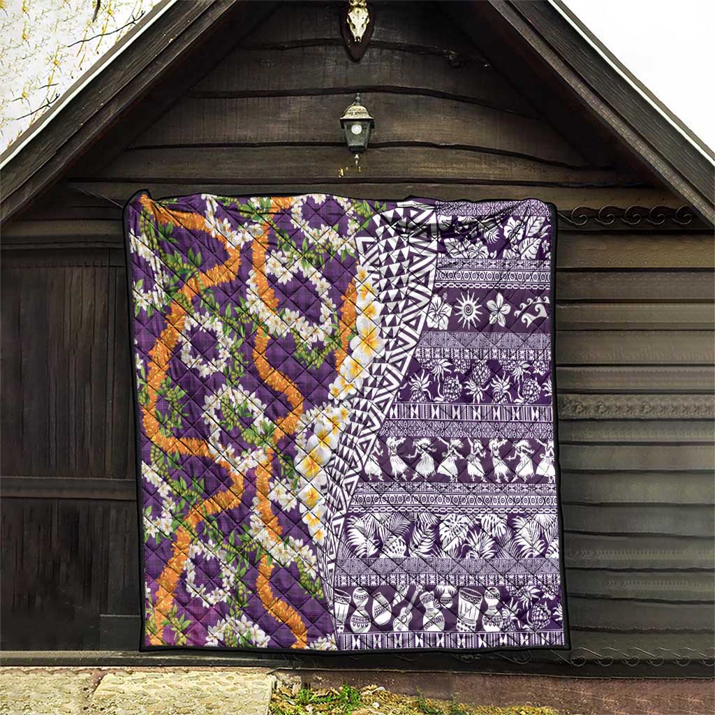 Hawaiian Plumeria Lei Quilt Kakau Motifs and Palaka Half Style Purple Color - Polynesian Pride