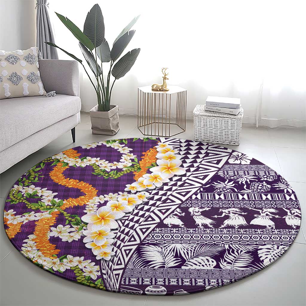 Hawaiian Plumeria Lei Round Carpet Kakau Motifs and Palaka Half Style Purple Color - Polynesian Pride