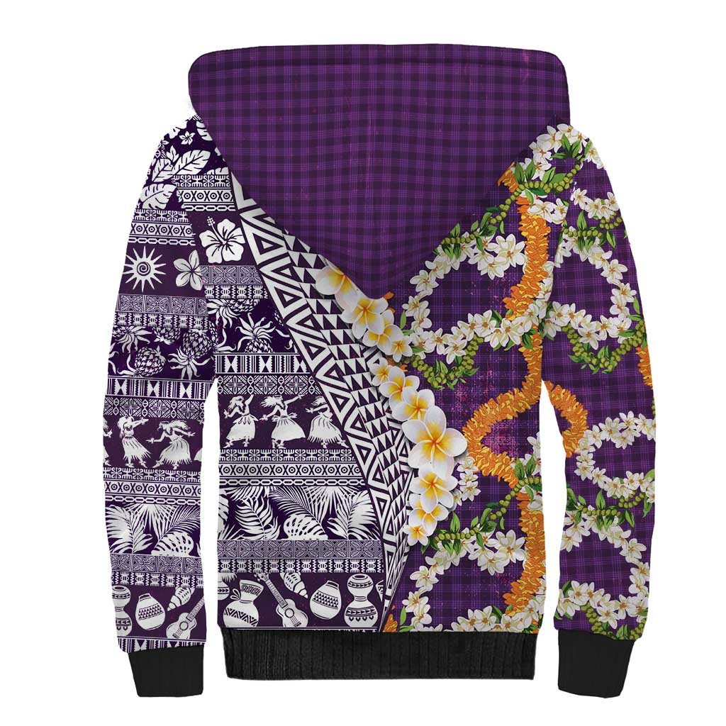 Hawaiian Plumeria Lei Sherpa Hoodie Kakau Motifs and Palaka Half Style Purple Color LT03 - Polynesian Pride