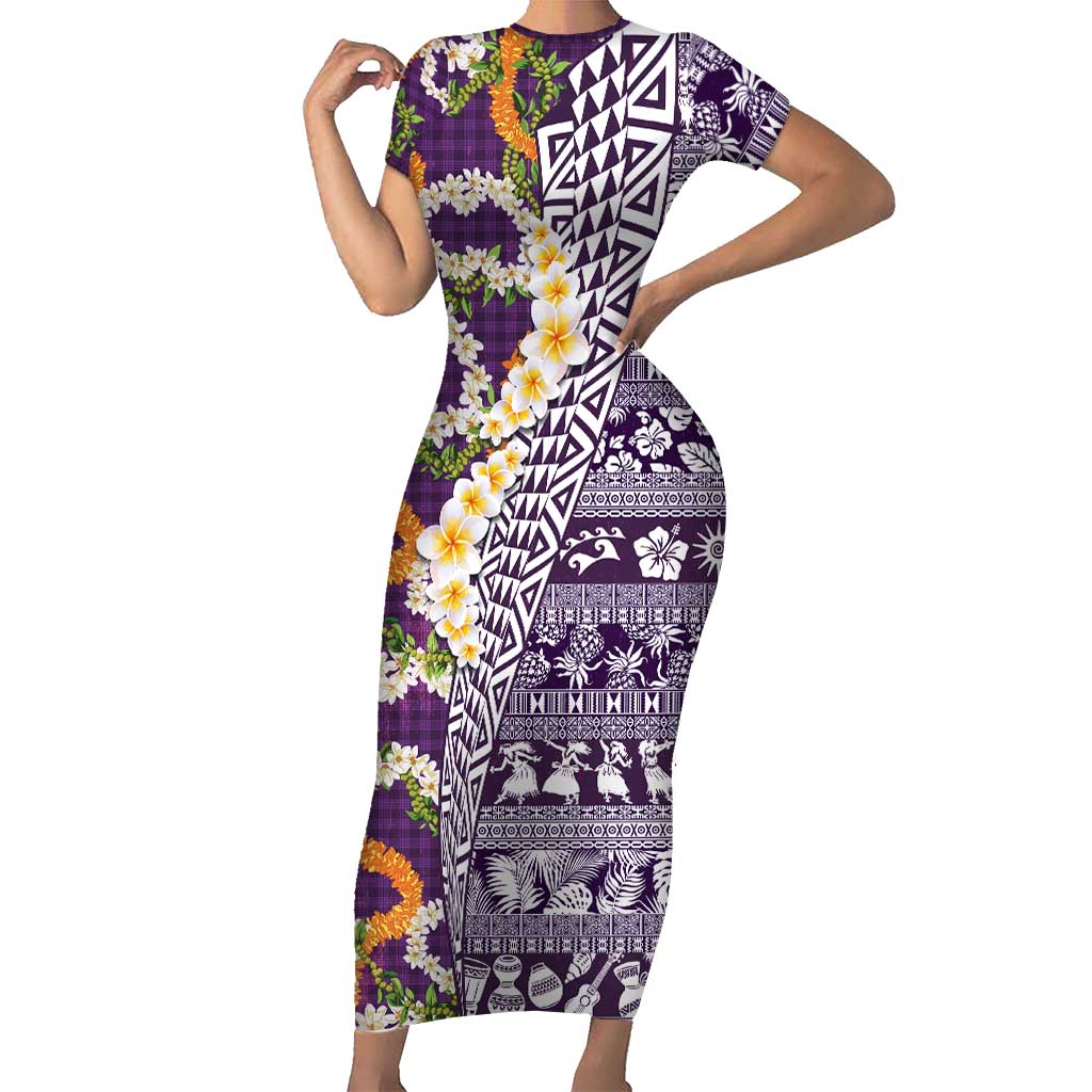 Hawaiian Plumeria Lei Short Sleeve Bodycon Dress Kakau Motifs and Palaka Half Style Purple Color LT03 Long Dress Purple - Polynesian Pride