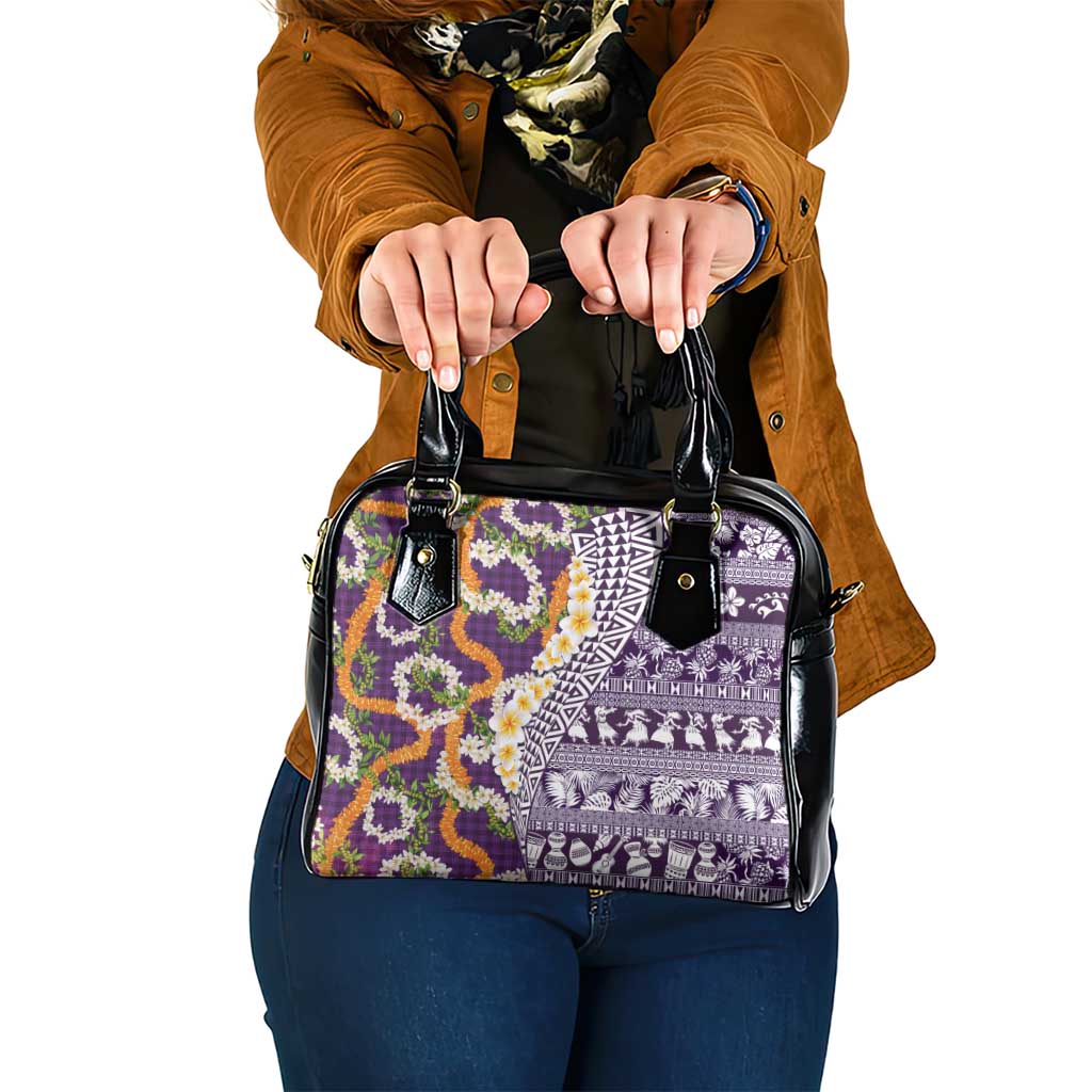 Hawaiian Plumeria Lei Shoulder Handbag Kakau Motifs and Palaka Half Style Purple Color - Polynesian Pride